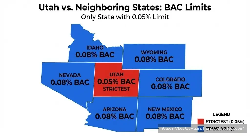 Utah 0.05% BAC limit map compared to neighboring states Nevada Arizona Colorado showing Utah strictest DUI law