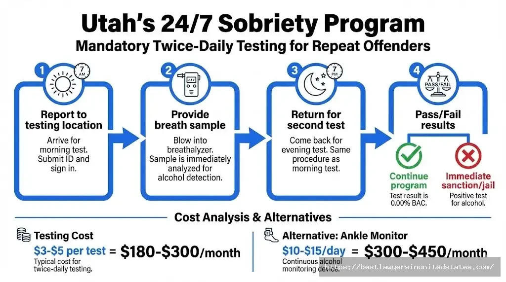 Utah 247 sobriety program showing twice-daily mandatory alcohol testing at 7 AM and 7 PM for DUI offenders