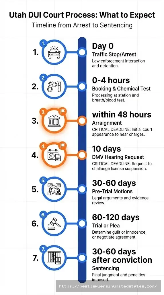 Utah DUI court process timeline from arrest to sentencing showing 10-day hearing deadline and arraignment requirements