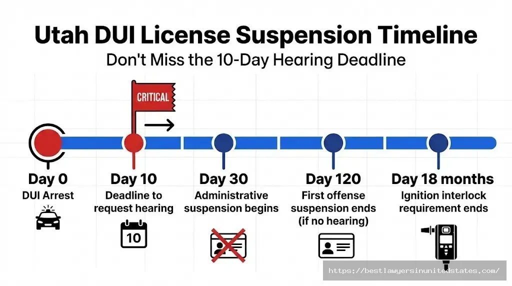 Utah DUI license suspension timeline showing 10-day hearing request deadline and 120-day first offense suspension