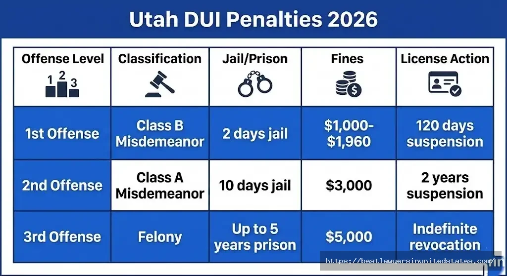 Utah DUI penalties chart showing first offense 2 days jail, second offense 10 days, third offense felony prison time