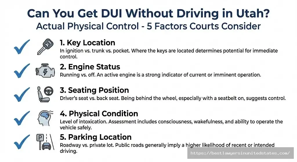 Utah actual physical control test showing 5 factors for DUI charges without driving including key location and engine status