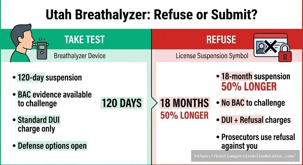 Utah breathalyzer refusal consequences showing 18-month suspension versus 120-day suspension for taking test
