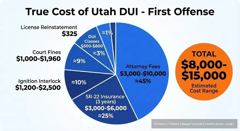 Utah first DUI total cost breakdown showing $8,000-$15,000 including fines, attorney fees, ignition interlock, SR-22 insurance