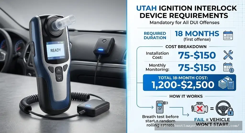 Utah ignition interlock device showing 18-month requirement and $1,200-$2,500 total cost for first DUI offense