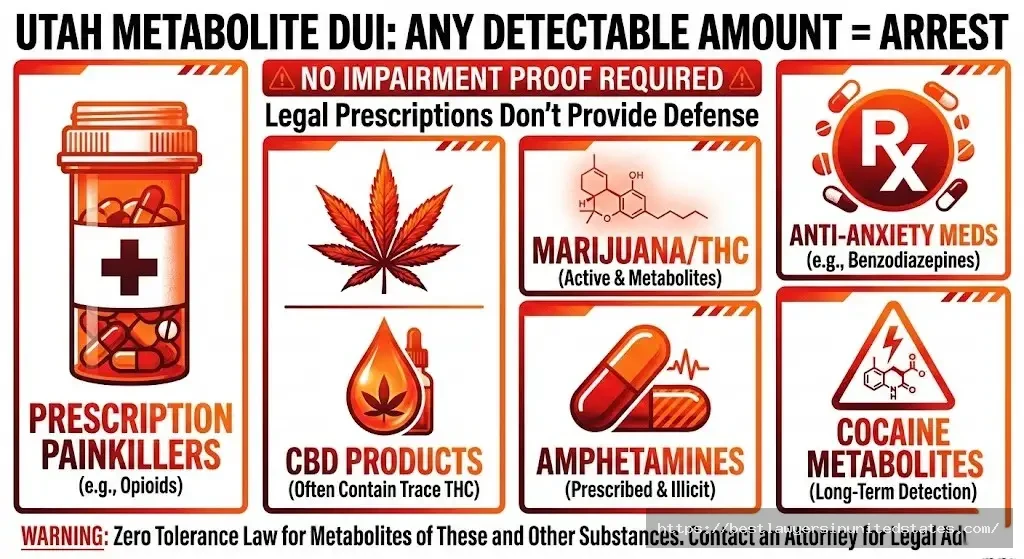 Utah metabolite DUI law substances including prescription drugs, marijuana, CBD that trigger charges at any detectable level