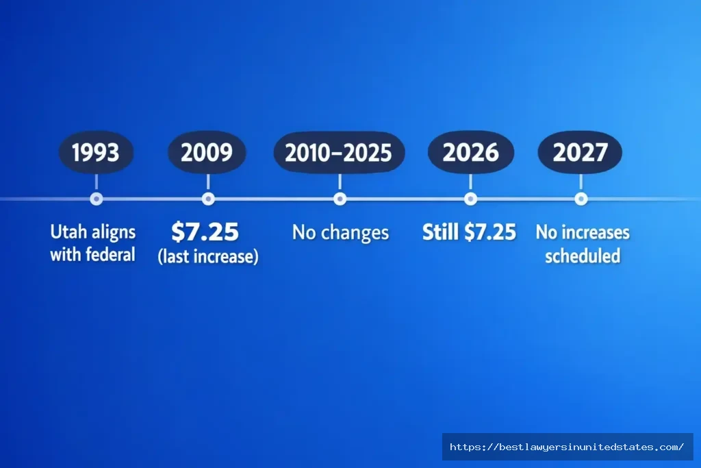 Utah minimum wage timeline showing $7.25 rate unchanged since 2009 with no future increases