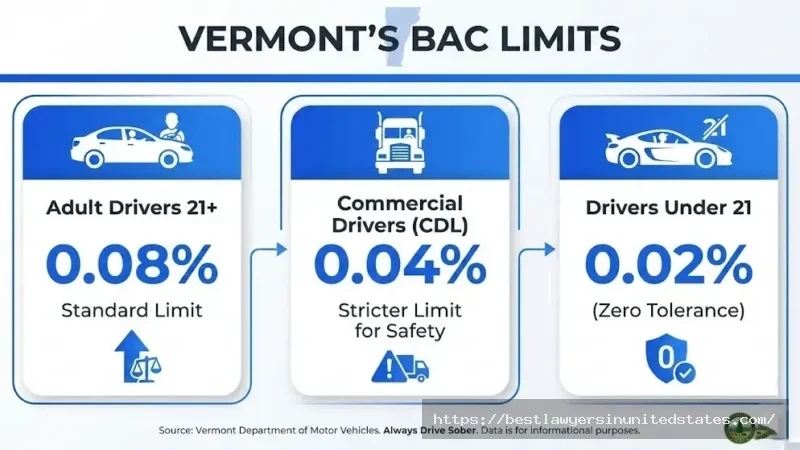 Vermont BAC limits - 0.08% adults, 0.04% CDL, 0.02% under 21 zero tolerance law