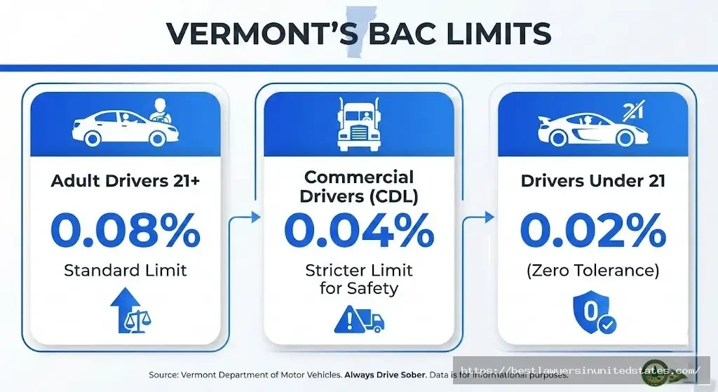 Vermont BAC limits - 0.08% adults, 0.04% CDL, 0.02% under 21 zero tolerance law