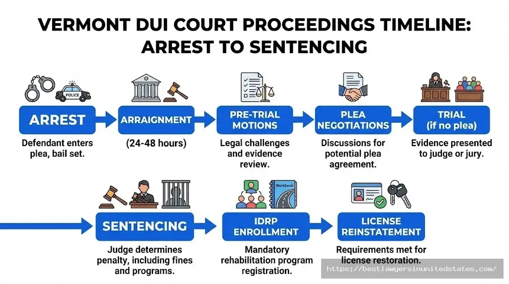 Vermont DUI court process timeline from arraignment to sentencing and license reinstatement