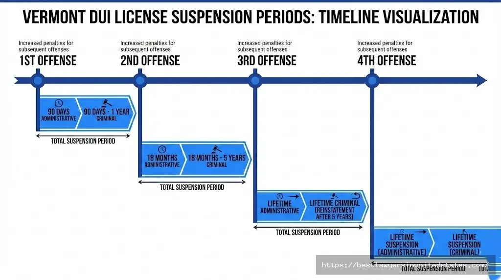 Vermont DUI license suspension timeline showing 90-day to lifetime suspension periods