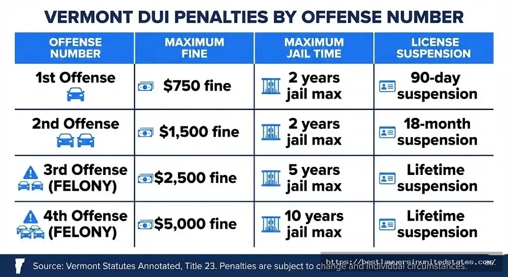 Vermont DUI penalties chart showing fines and jail time for 1st through 4th offense 2026