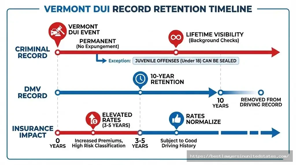 Vermont DUI record duration showing permanent criminal record and 10-year DMV record