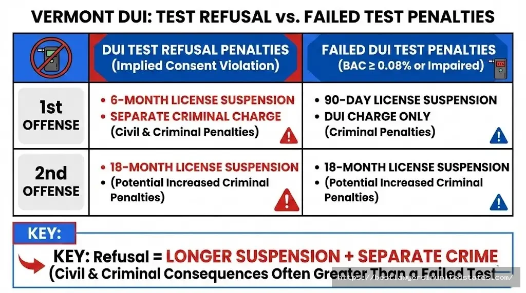 Vermont DUI refusal penalties vs failed test - 6 months vs 90 days suspension comparison