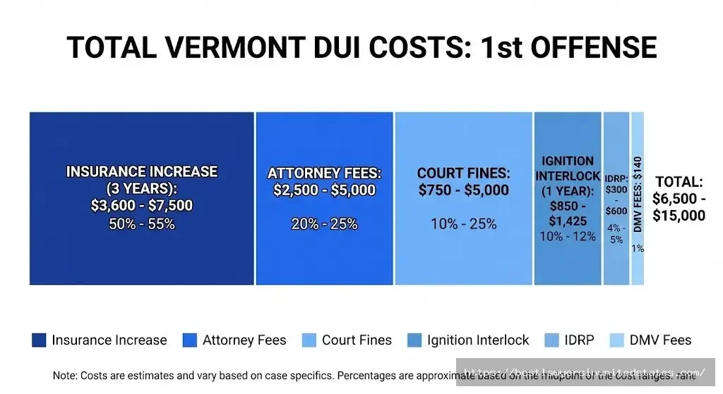 Vermont DUI total cost breakdown showing $6,500-$15,000 first offense expenses 2026