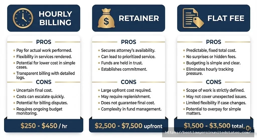 Vermont divorce attorney fee structure comparison showing hourly billing retainer fees and flat fee packages with cost ranges