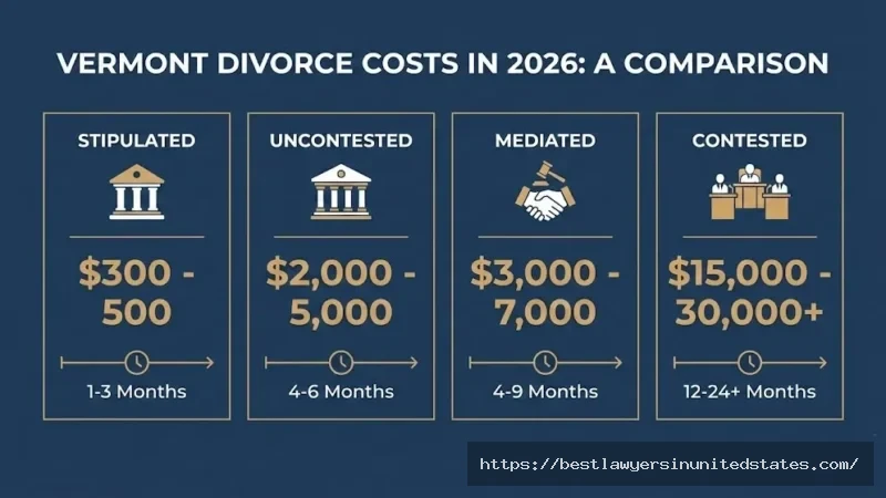 Vermont divorce cost comparison 2026 showing stipulated uncontested mediated and contested divorce costs ranging from $300 to $30,000