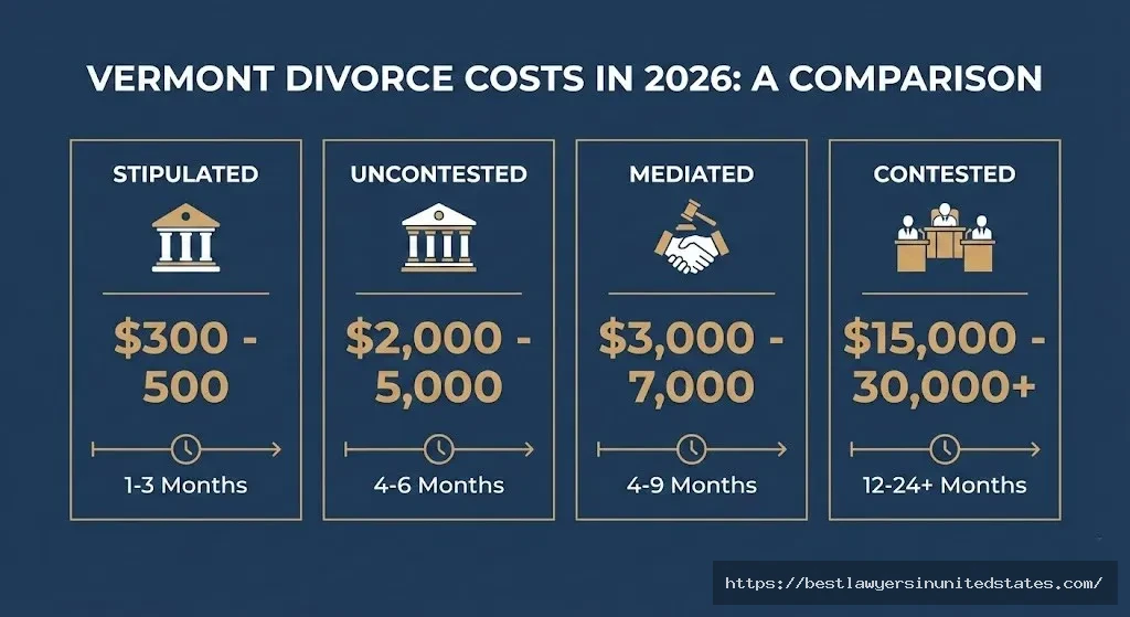 Vermont divorce cost comparison 2026 showing stipulated uncontested mediated and contested divorce costs ranging from $300 to $30,000