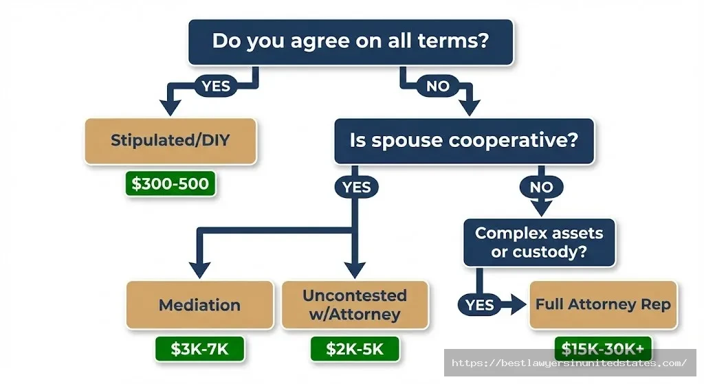 Vermont divorce decision flowchart helping choose between stipulated uncontested mediated or contested divorce based on agreement level and complexity