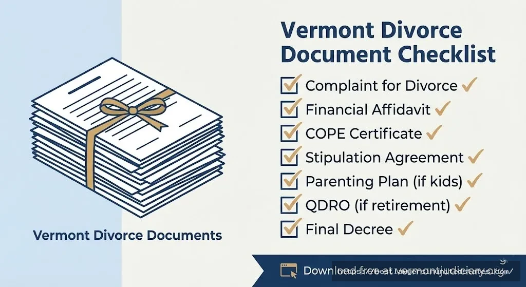 Vermont divorce document checklist showing required forms including complaint financial affidavit COPE certificate and stipulation agreement