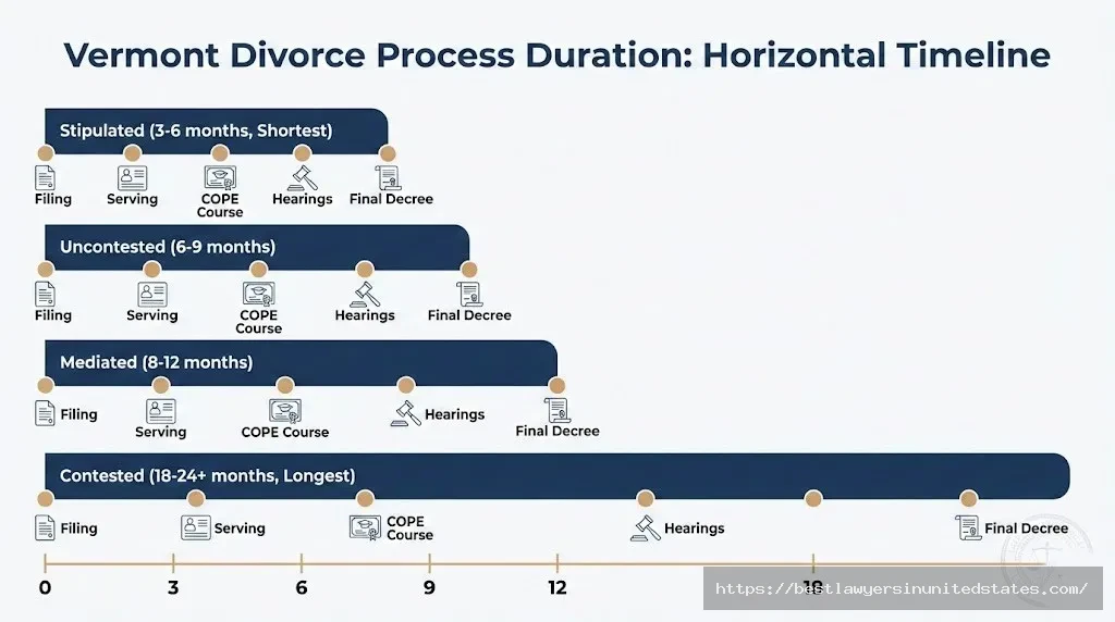 Vermont divorce timeline infographic showing process duration from 3-6 months for stipulated to 18-24 months for contested divorce