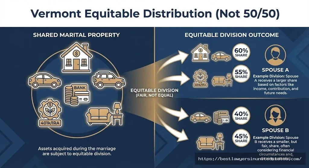 Vermont equitable distribution illustration showing marital property divided based on fairness not automatically 50-50 split