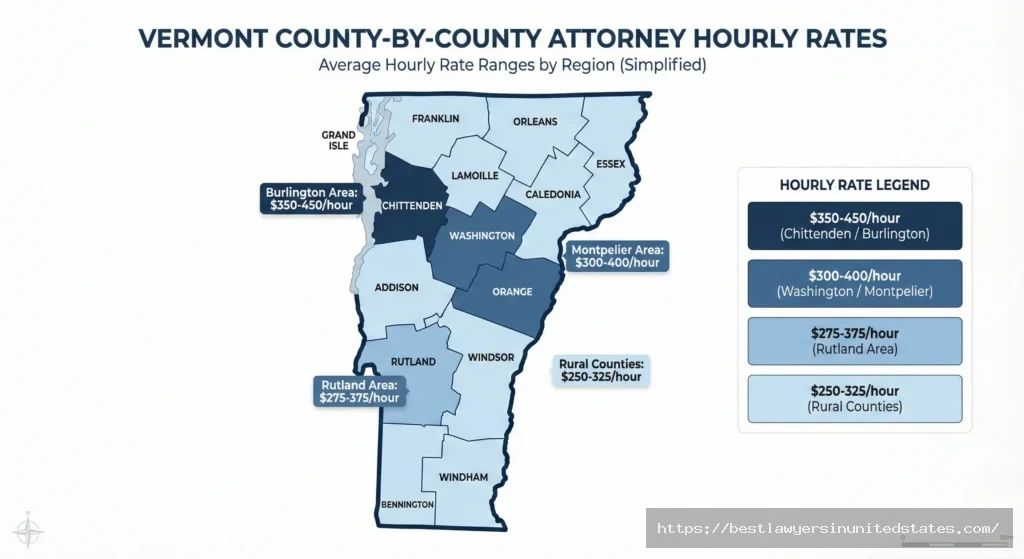 Vermont map showing. divorce attorney hourly rates by county ranging from $250-450 per hour with Burlington Chittenden County highest