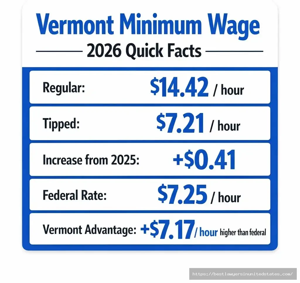 Vermont minimum wage 2026 rates showing $14.42 regular and $7.21 tipped hourly wages compared to federal minimum