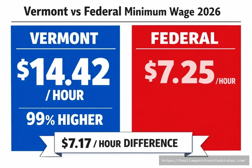 Vermont minimum wage at $14.42 compared to federal $7.25 showing $7.17 per hour advantage for Vermont workers