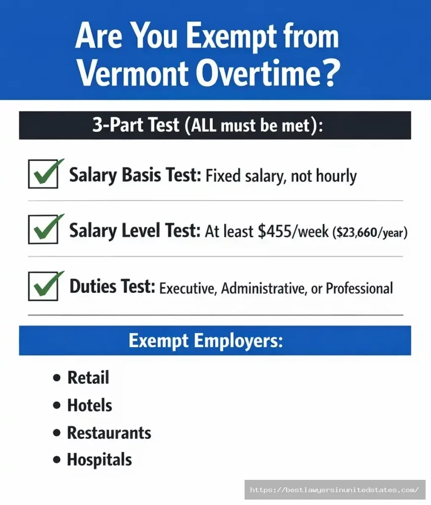 Vermont overtime exemption checklist showing three required tests for salary, duties, and pay level thresholds