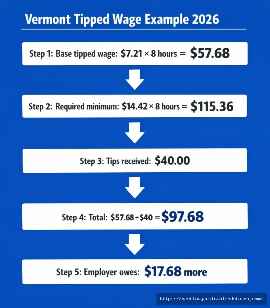 Vermont tipped minimum wage calculation example showing employer must pay difference when tips fall short of $14.42hour