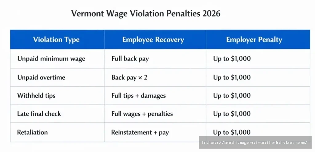 Vermont wage violation penalties table showing employee recovery rights and employer fines for minimum wage violations