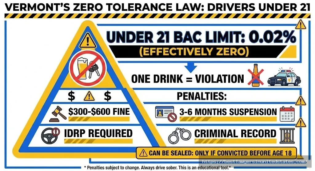 Vermont zero tolerance law 0.02% BAC limit for drivers under 21 with penalties