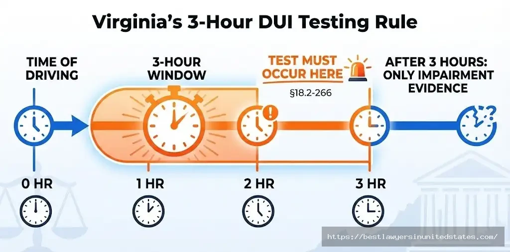 Virginia 3-hour rule timeline showing DUI chemical test must occur within 3 hours of driving under VA law