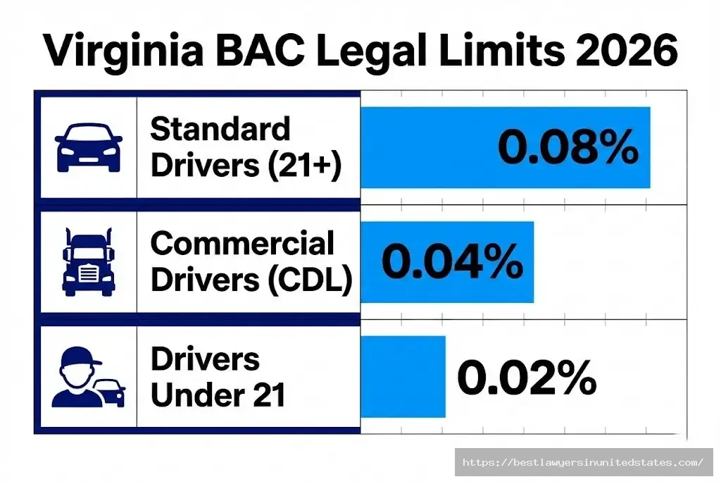 Virginia DUI BAC limits chart showing 0.08% standard, 0.04% CDL, 0.02% under 21 legal thresholds 2026