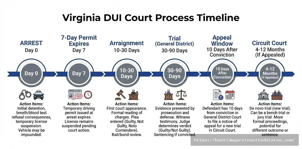 Virginia DUI court timeline showing arrest to trial process including 7-day permit, arraignment, 30-90 day trial