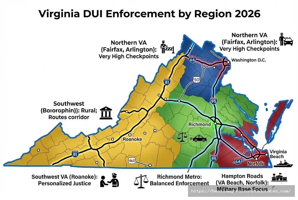 Virginia DUI enforcement map showing high checkpoint areas in Northern VA, Hampton Roads, Richmond regions 2026