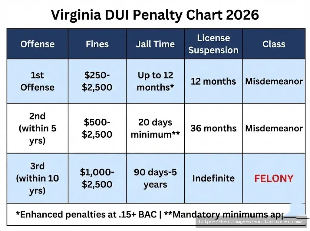 Virginia DUI penalty chart comparing fines, jail time, license suspension for 1st, 2nd, 3rd offense 2026