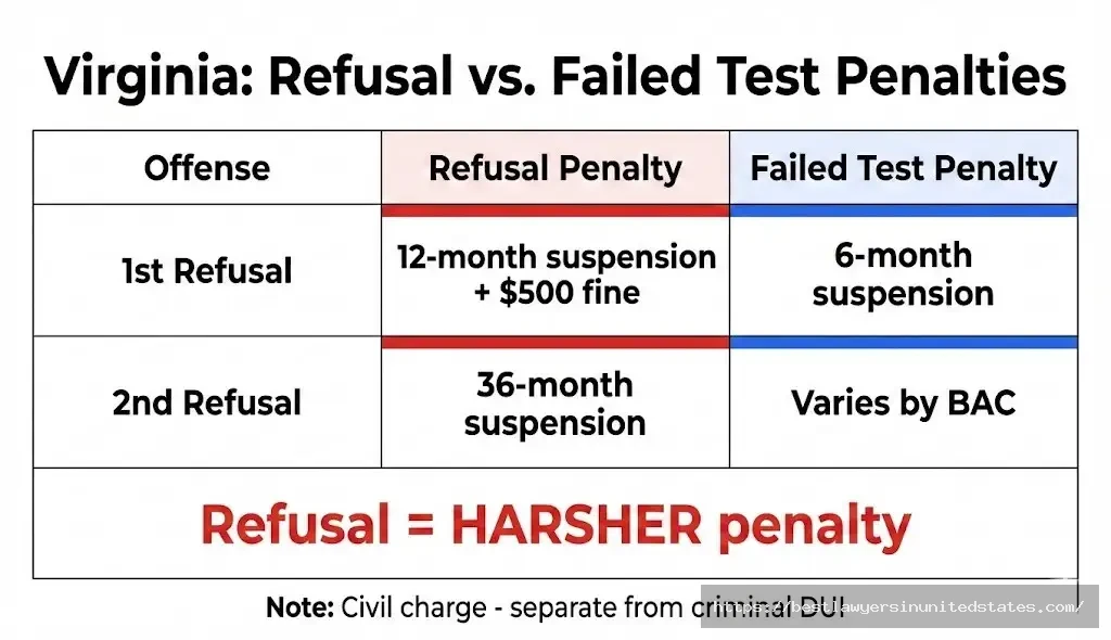 Virginia DUI refusal penalties table comparing 12-month refusal suspension vs 6-month failed test suspension