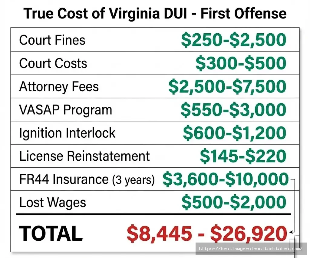 Virginia DUI total cost breakdown showing $8,445-$26,920 including fines, attorney, VASAP, insurance for first offense