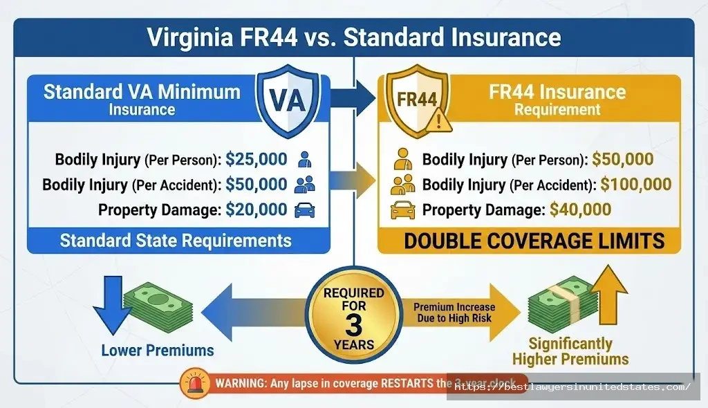 Virginia FR44 insurance requirements showing double coverage $50K$100K$40K mandatory for 3 years after DUI