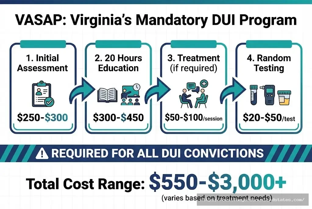 Virginia VASAP program requirements showing 20-hour education, assessment, costs $550-$3000 mandatory for DUI