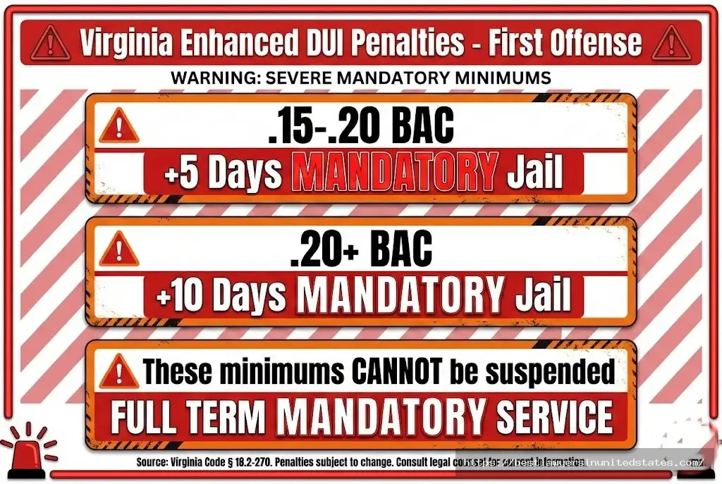 Virginia enhanced DUI penalties showing mandatory 5-10 days jail for BAC over .15% first offense