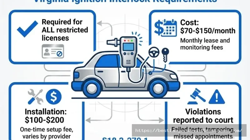 Virginia ignition interlock device requirements showing $70-150 monthly cost mandatory for all restricted licenses