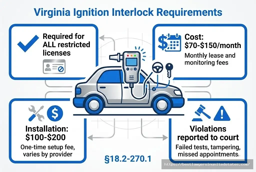 Virginia ignition interlock device requirements showing $70-150 monthly cost mandatory for all restricted licenses
