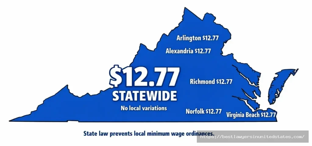 Virginia minimum wage map 2026 shows uniform $12.77hour statewide with no local variations
