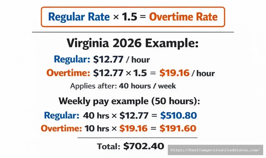 Virginia overtime pay calculator 2026 $12.77 regular becomes $19.16 overtime after 40 hours