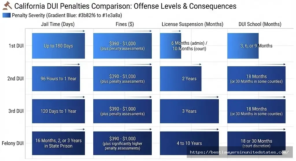 Visual comparison of California DUI penalties showing escalating jail time and fines by offense level
