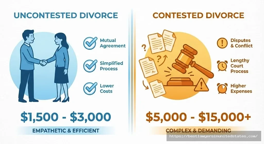 Visual comparison of uncontested divorce costs $1,500-$3,000 versus contested divorce costs $5,000-$15,000 plus in Nebraska