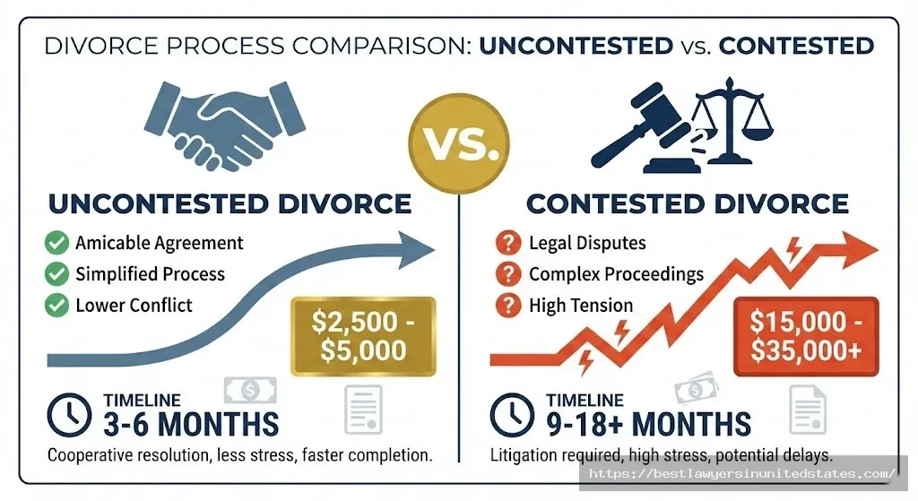 Visual comparison of uncontested divorce costs versus contested divorce costs in Rhode Island showing price and timeline differences
